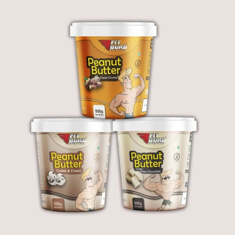 Fitburg Peanut Butter Trio – Classic Crunchy, Cookies & Cream, White Chocolate Crispy (3 x 500g)